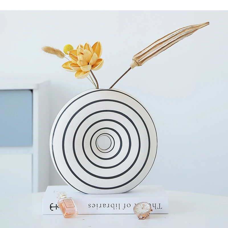 Ceramic Vase Geometric Stripes Round Cut-outs Circle Flower Handicraft Ornaments Home Decoration Accessories