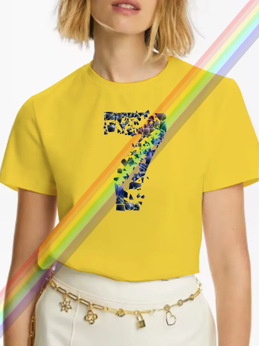 New summer American trend Digital 7 pattern printed short sleeve breathable casual street style pure cotton T-shirt couple top