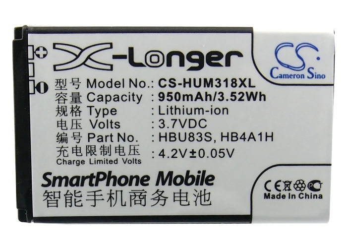 

High Quality 950mAh Battery HB4A1H,HBU83S for Huawei M318,M635,M636,U120,U121,U2800, U2800A,U2801,V715,V716,V839