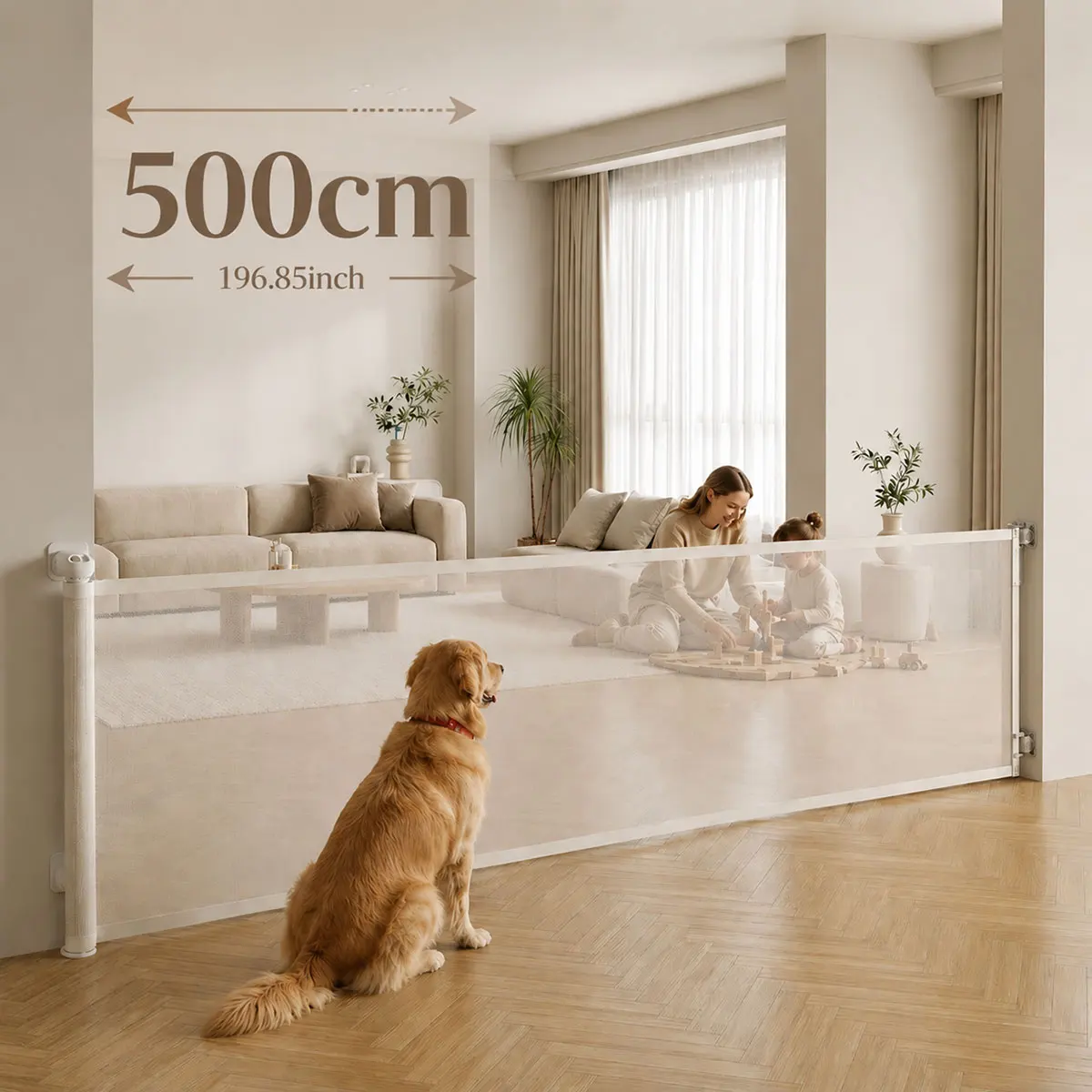 Barrera de Seguridad Retráctil 500cm/197inch, Barrera Extensible Sin Taladro o con Tornillos, Malla Extra Ancha Enrollable para Escaleras, Puertas y Mascotas