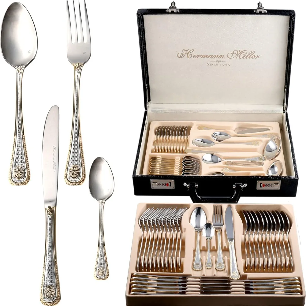 

Complete Tableware 72 Piece Fine Flatware Silverware Set With Gift Carrying Case Spoons Utensils for Kitchen Cutlery Fork Gold