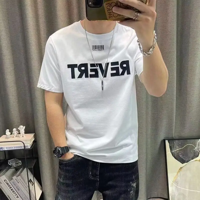 Men's Clothing Luxury Brand Summer Casual T-Shirt for Men with Letter Printing Cotton Slim Base Shirt High-end Half-sleeve Top