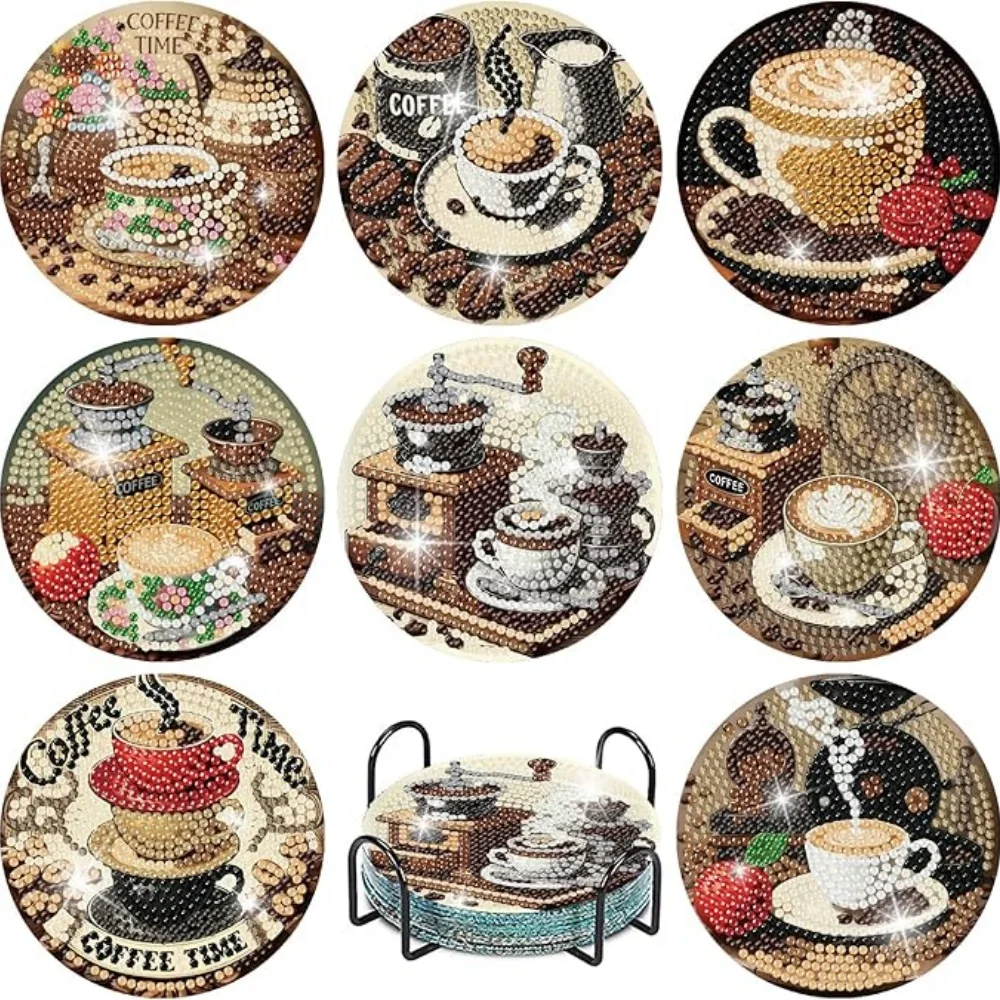 8-teiliges Diamant-Malerei-Untersetzer-Set mit Ständer, DIY Kaffee-Serie Diamant-Malerei-Untersetzer, Diamant-Malerei-Sets für Erwachsene