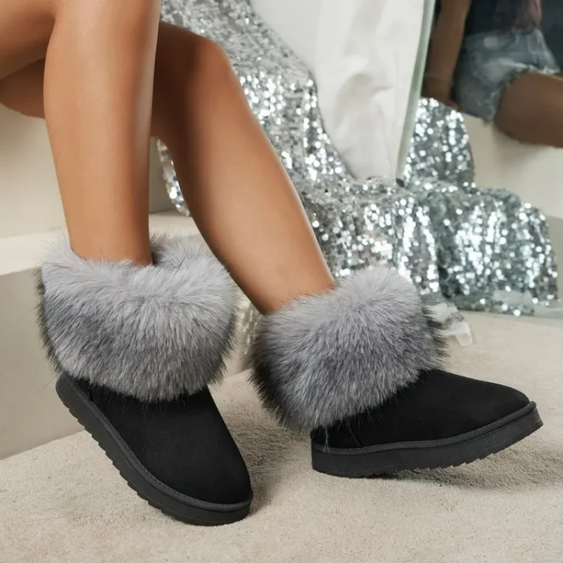 Women\'s Winter Snow Boots Outdoor Luxury Furry Faux Fox Fur Boots Woman Plush Warm Platform Shoes New Fashion Bottes Big Size