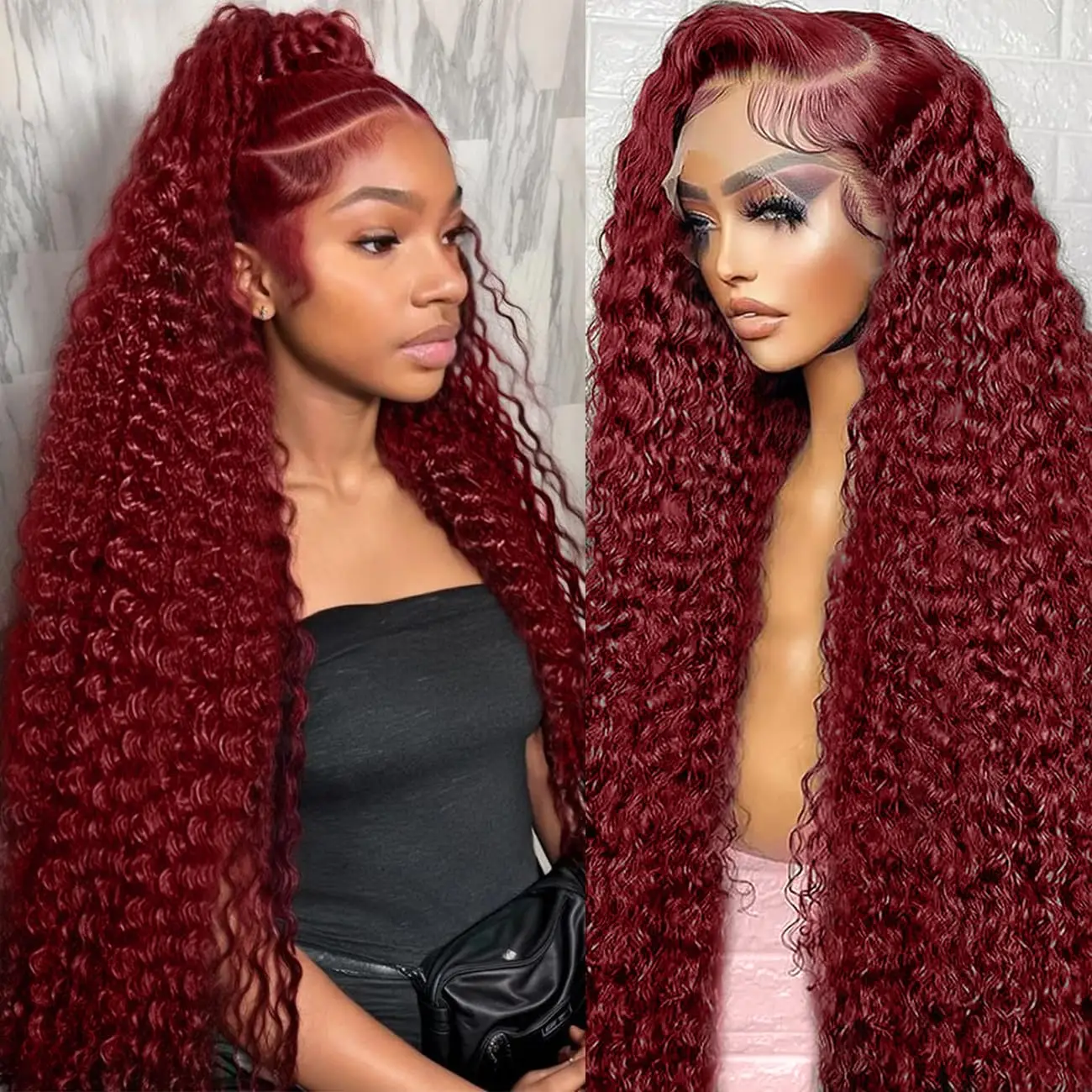

40 Inch 250 Density Curly Deep Wave Wigs 99j Burgundy Human Hair Wigs 13x6 Hd Lace Frontal Human Hair Wig Colored Brazilian Wig