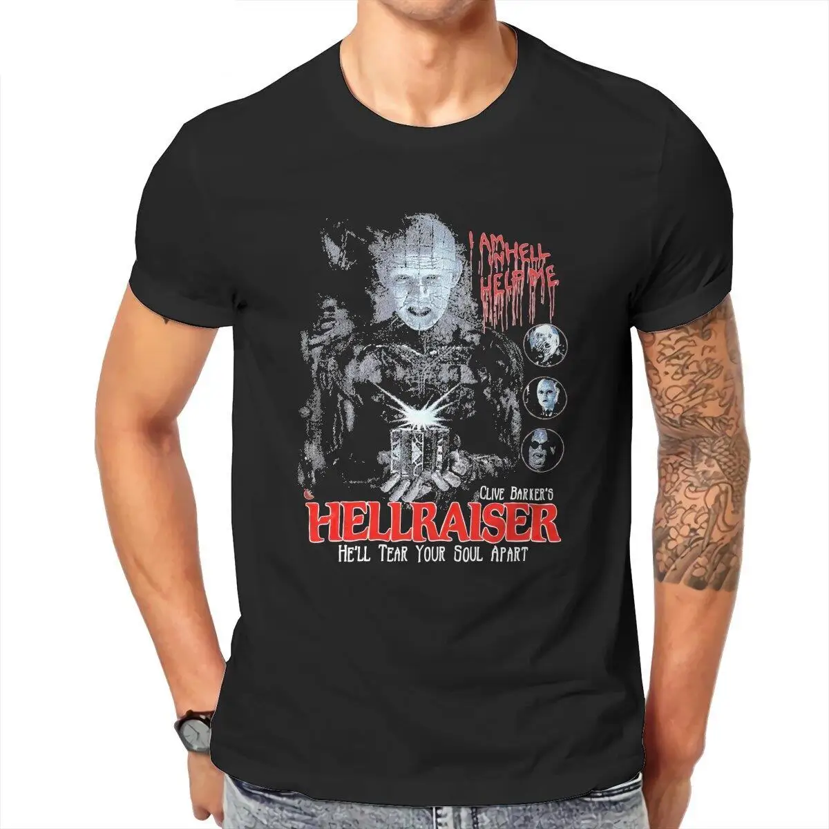 Men T-Shirts Hellraiser Art Crazy Pure Cotton Tees Short Sleeve  T Shirts Crew Neck Clothes Plus Size