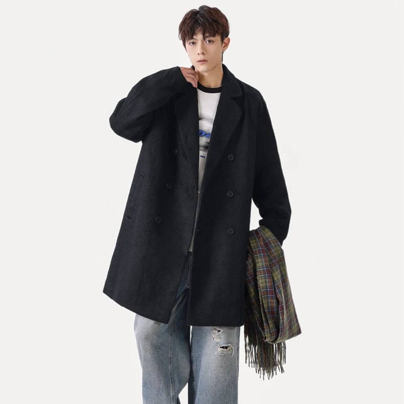 

Trendy Korean Sle Men's Woolen Coat Loose Fit Warmth And Sle Polyester Cotton Blend Long Sve Double Breasted Coat