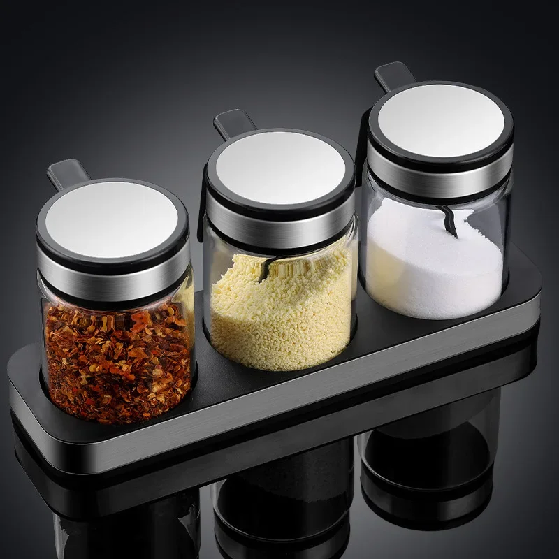 

# High Temperature Resistant Glass Seasoning Jar Set, With Base Seasoning Bottle Stainless Steel Seasoning #