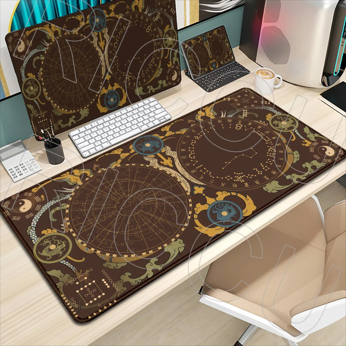 HD XXL Desk mat Gaming Astrology Hetu Luoshu Aesthetic Rubber Mouse pad Cartoon Celestial Phases Non-slip PC Accessories carpet