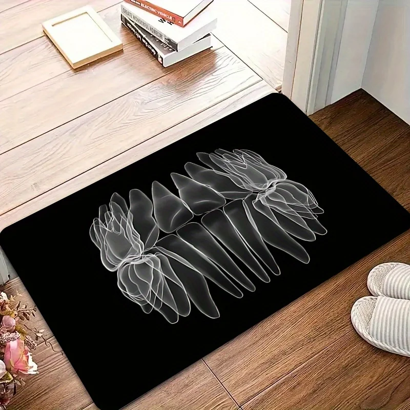3D Visual Teeth Pattern Area Rug, Geometric Black and White Floor Mat for Clinic Living Room, High Density Non-Slip Decor Carpet