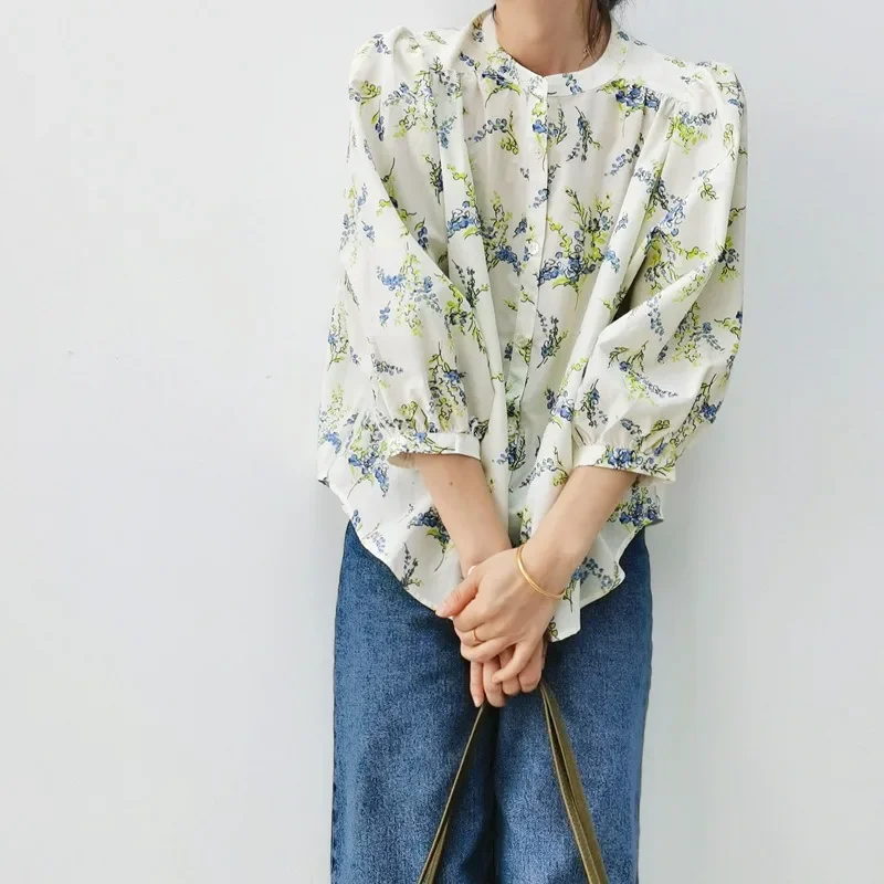 

Summer French Resort Style Silk Cotton Bluebell Flower Lantern Sleeve Shirt Womens