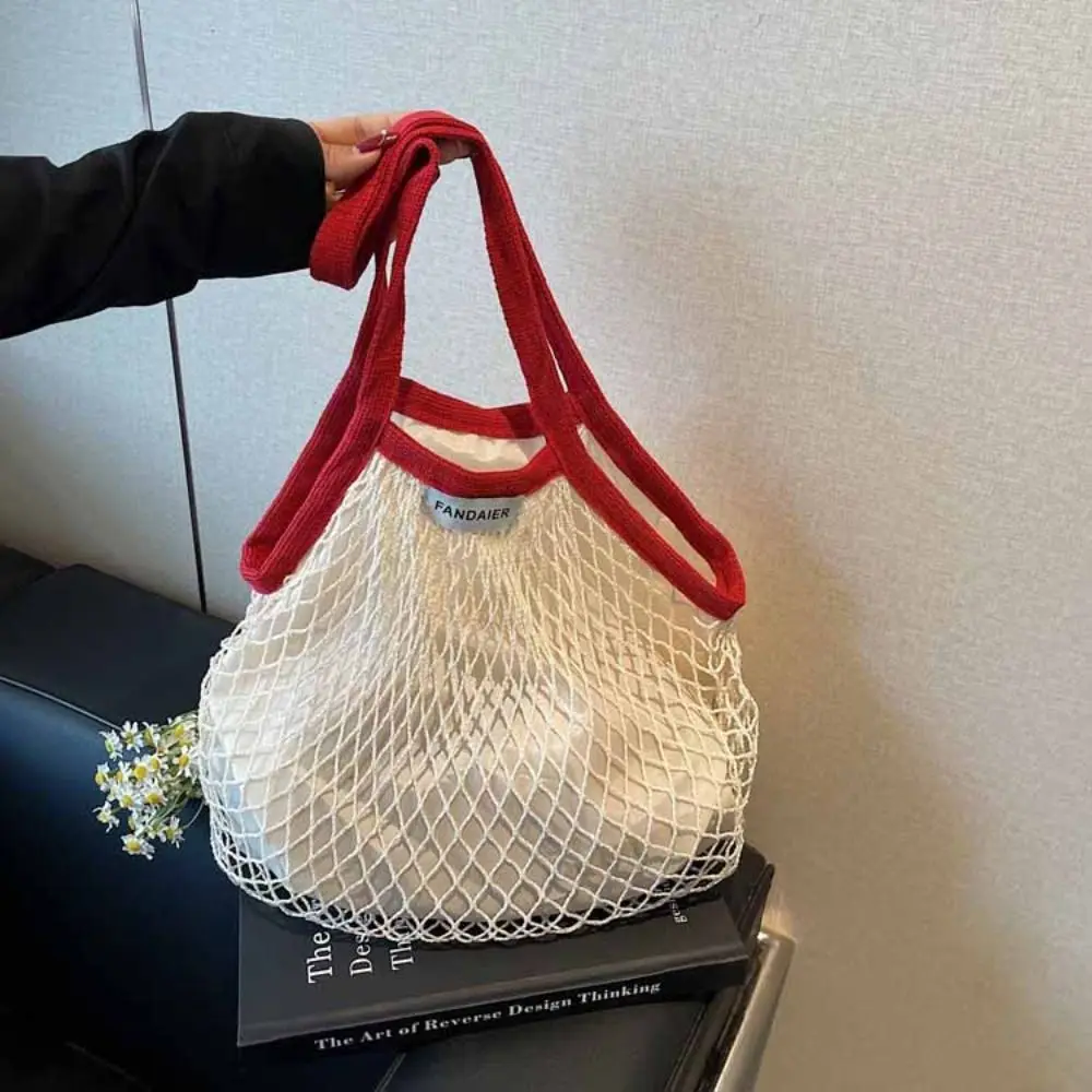 폴리에스터 중공 직조 숄더백 대용량 포켓 메쉬 핸드백 한국 스타일 엣지 커버링 여름 비치 토트백