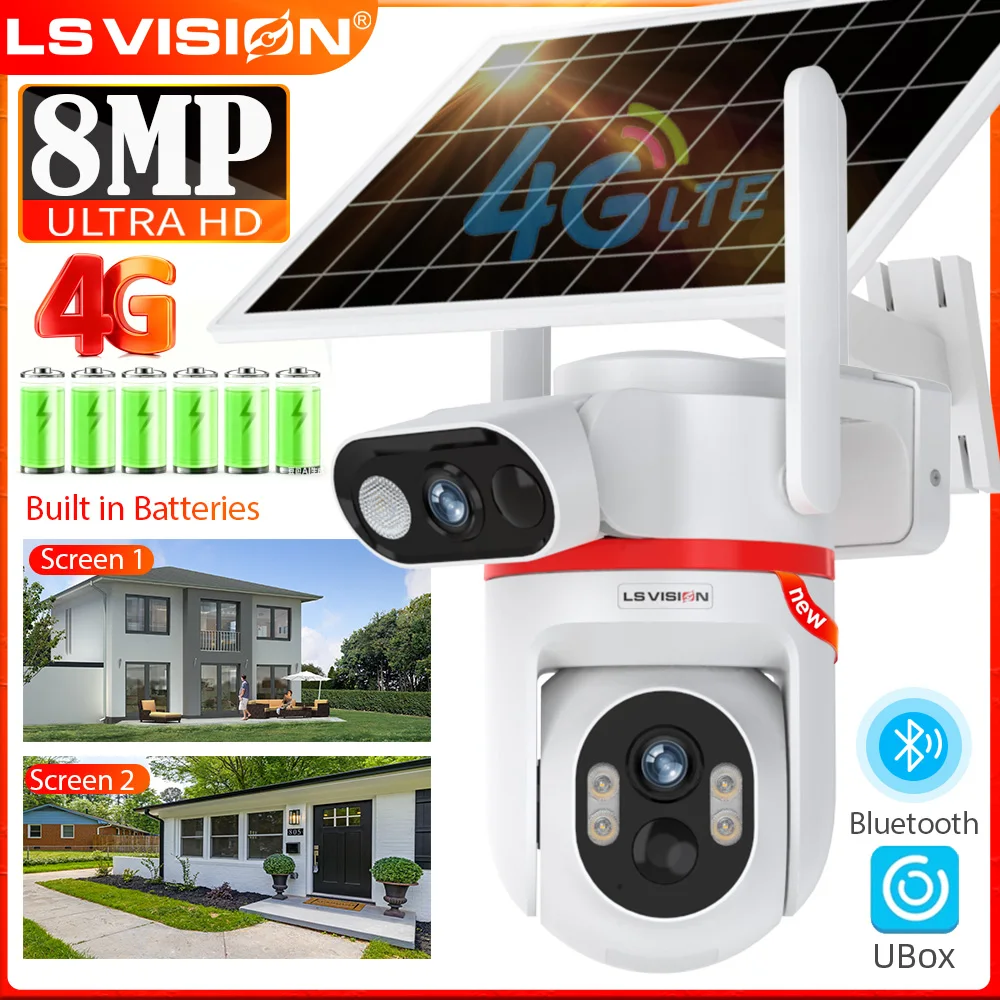 LS VISION 8MP 4G كاميرا تعمل بالطاقة الشمسية كاميرا مراقبة خارجية شاشة مزدوجة كاميرا مراقبة للمنزل كشف PIR المزدوج تتبع السيارات UBOX