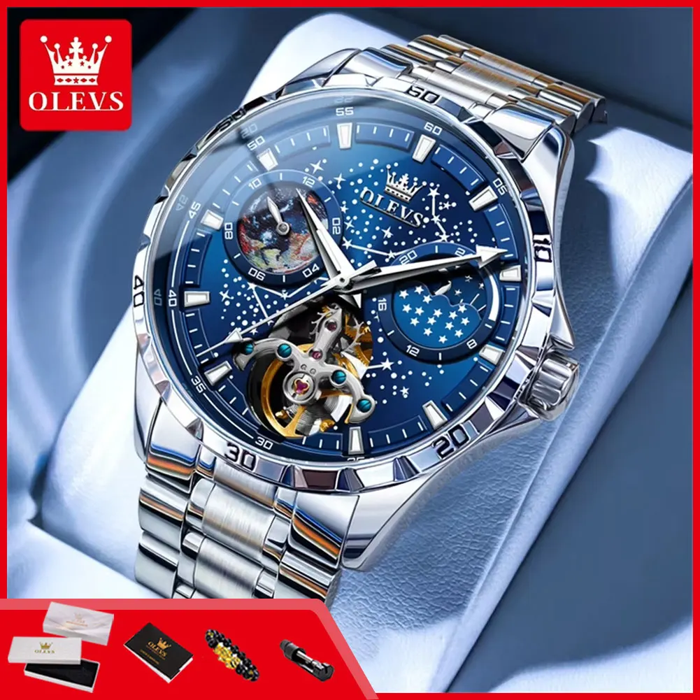 OLEVS 6689 Men's Watches Fashion Hollow Starry Sky Dial Waterproof Luminous Automatic Mechanical Wristwatch Moon Phase Man Watch