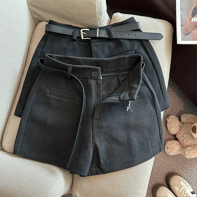 

Женские осенне-зимние однотонные шорты трапециевидной формы с высокой талией, женская уличная одежда, широкие шорты из смеси шерсти