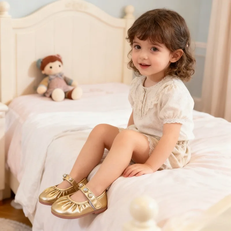 

Новинка, 1 шт., популярные изысканные и милые популярные нескользящие и износостойкие маленькие кожаные туфли Мэри Джейн, одинарные туфли для девочек, золотого цвета