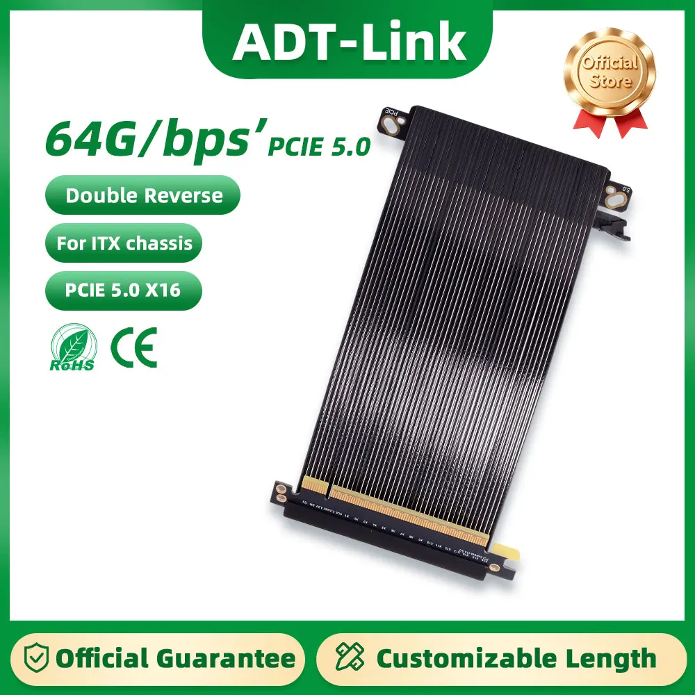 ADT-Link Gen5 PCIe 5.0 X16 Riser Cable for RTX5080 RTX4090 Silver-Plated Reverse Vertical Mount Gaming PCI Express for ITX