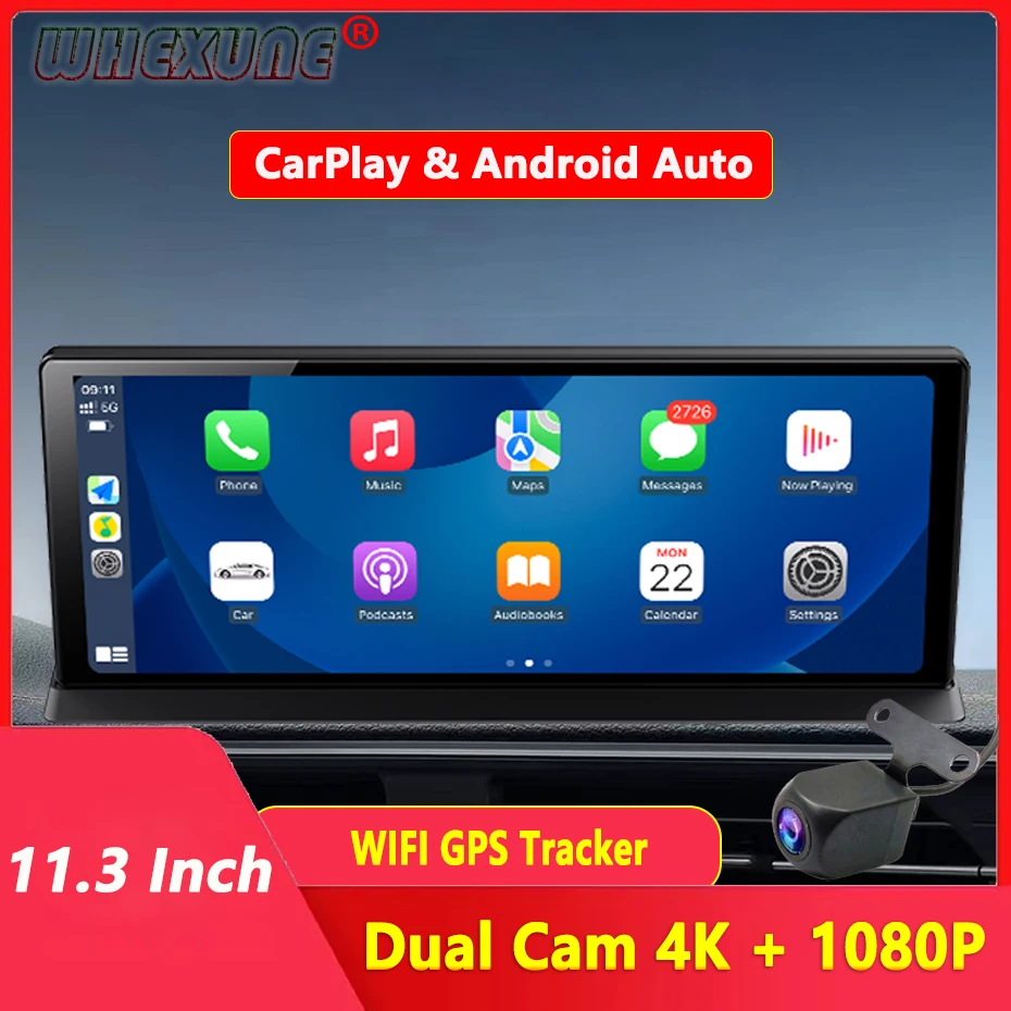 11.3 Inch 4K Dash Cam Wireless CarPlay Android Auto GPS Navigation 5G WiFi AUX Car DVR Rear View Camera Dashboard Video Recorder