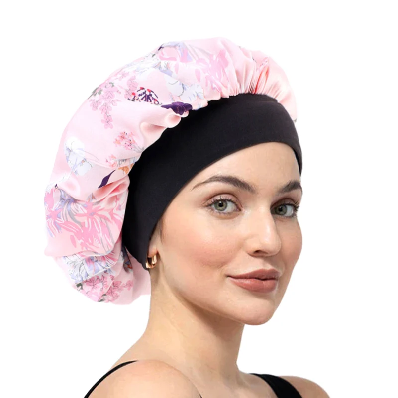 New Women Satin Night Sleep Cap Flower print Hair Bonnet Hat Silky Head Cover Wide Elastic Band Bonnet Hair Wrap for Curly Hair