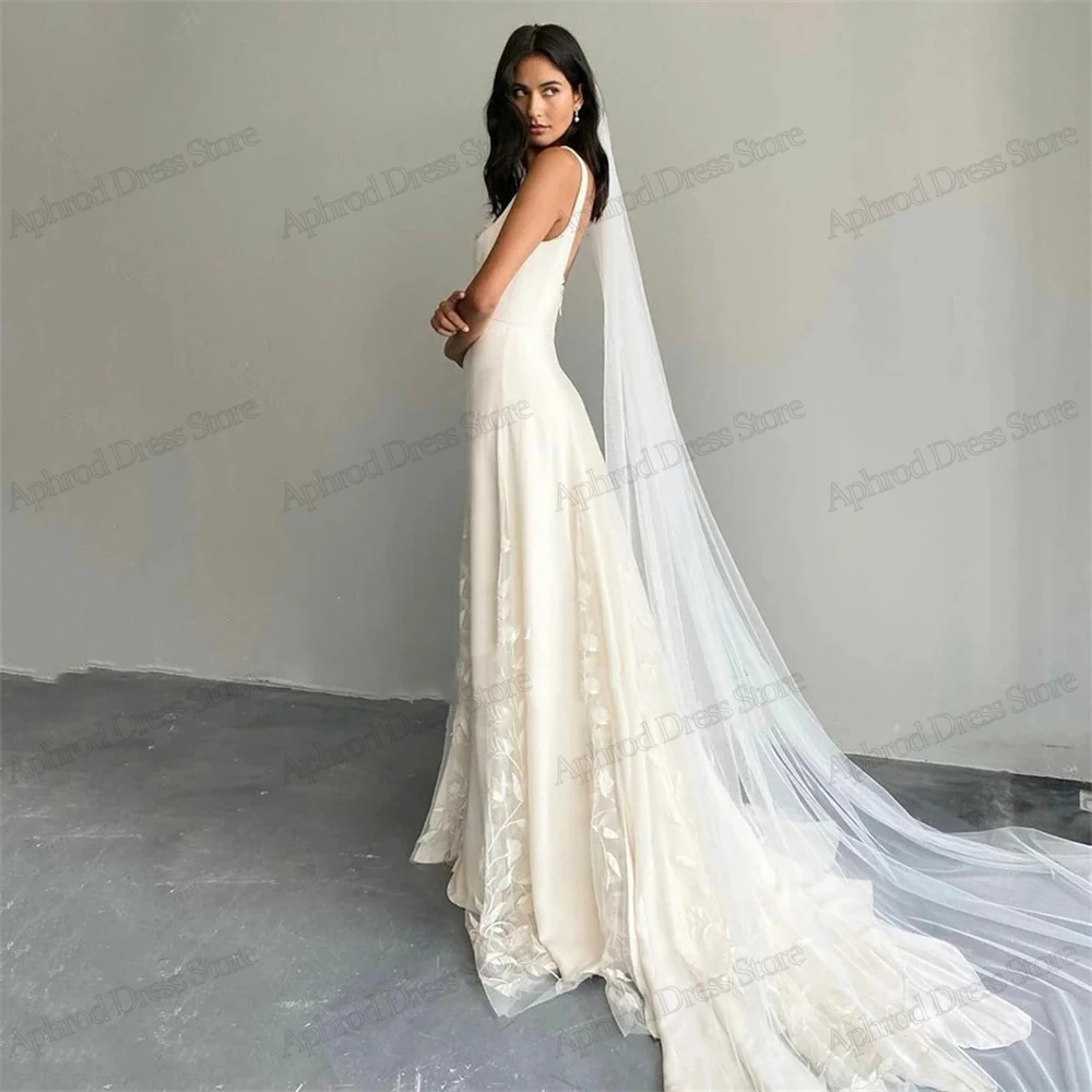 Vestidos De Novia elegantes De satén, Vestidos De Novia De línea a, Apliques De encaje, batas De cuello cuadrado para fiesta Formal, Vestidos elegantes De Novia