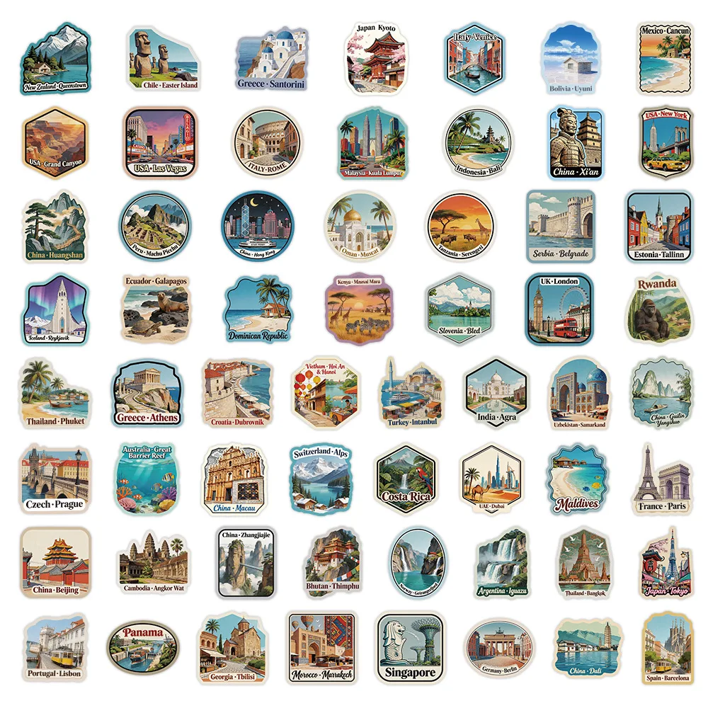 10/60PCS World Travel Graffiti Stickers Global City Landmarks Sticker for Phone Computer Notebook Stationery DIY Toys Secret