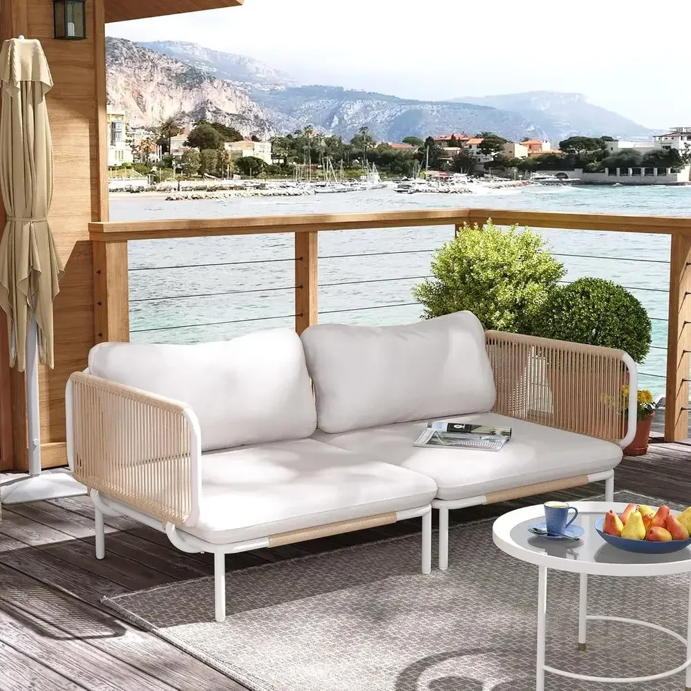 Oversized 31 Metal Outdoor Patio Sectional Sofa Set, 2-Seat with Cushion, Beige
