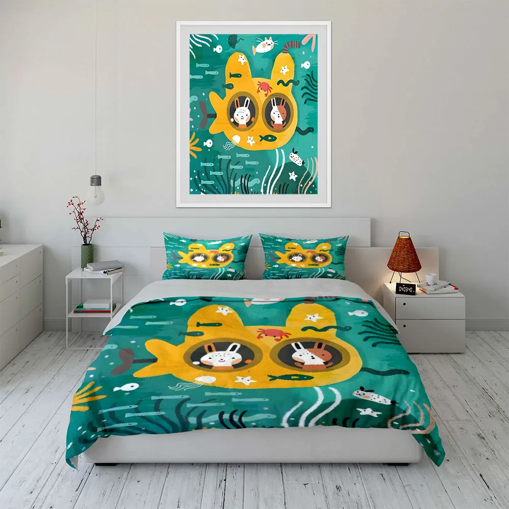 Yellow submarine with sea creatures Print Soft Comfortable Duvet Cover Bedding Set Included 1*Duvet Cover  2*Pillowcases