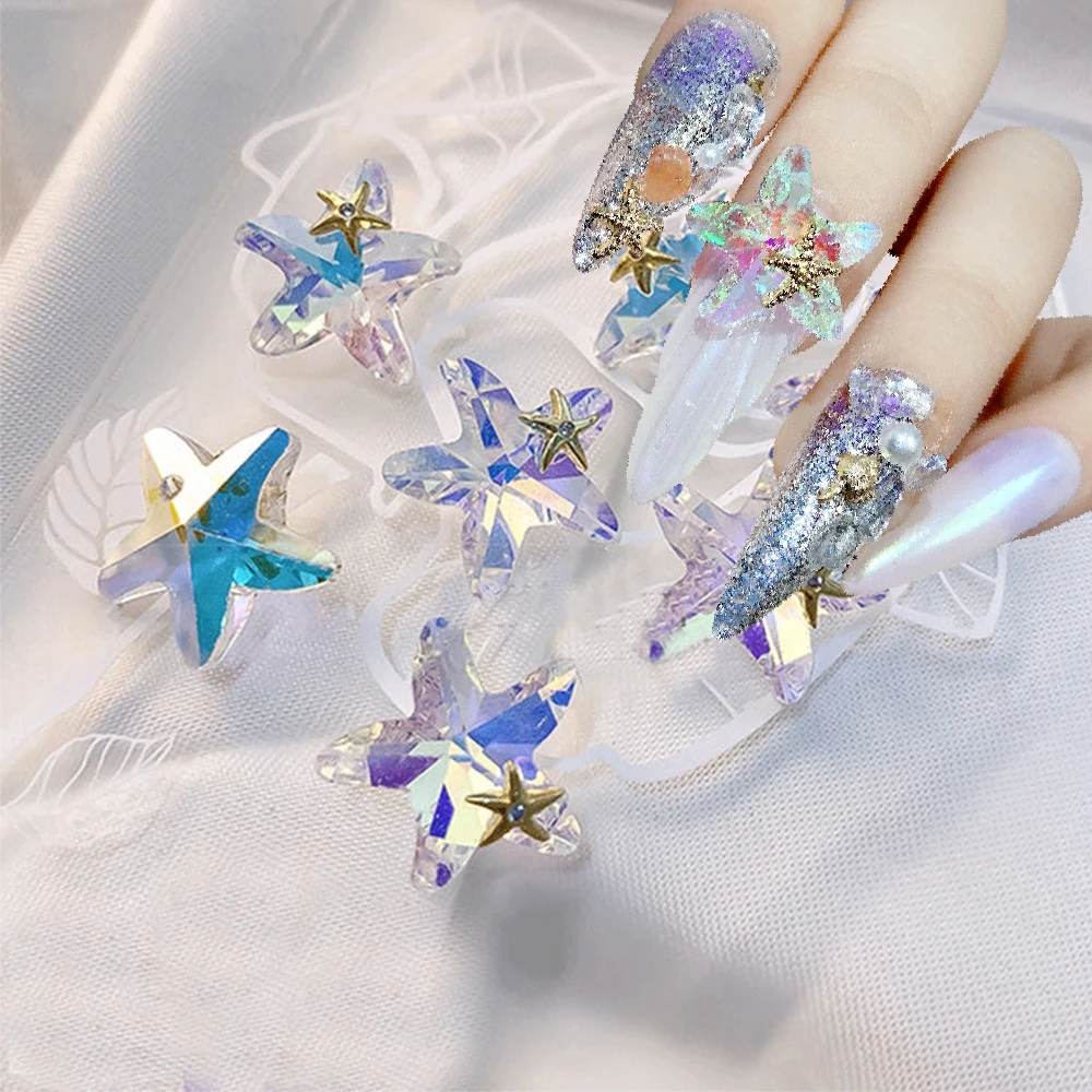 

5Pcs Aurora Symphony Starfish Nail Rhinestone Ocean Starfish Metal Sequin Crystal Nail Strass Charms 3D Sparkle Luxury Nail Gems