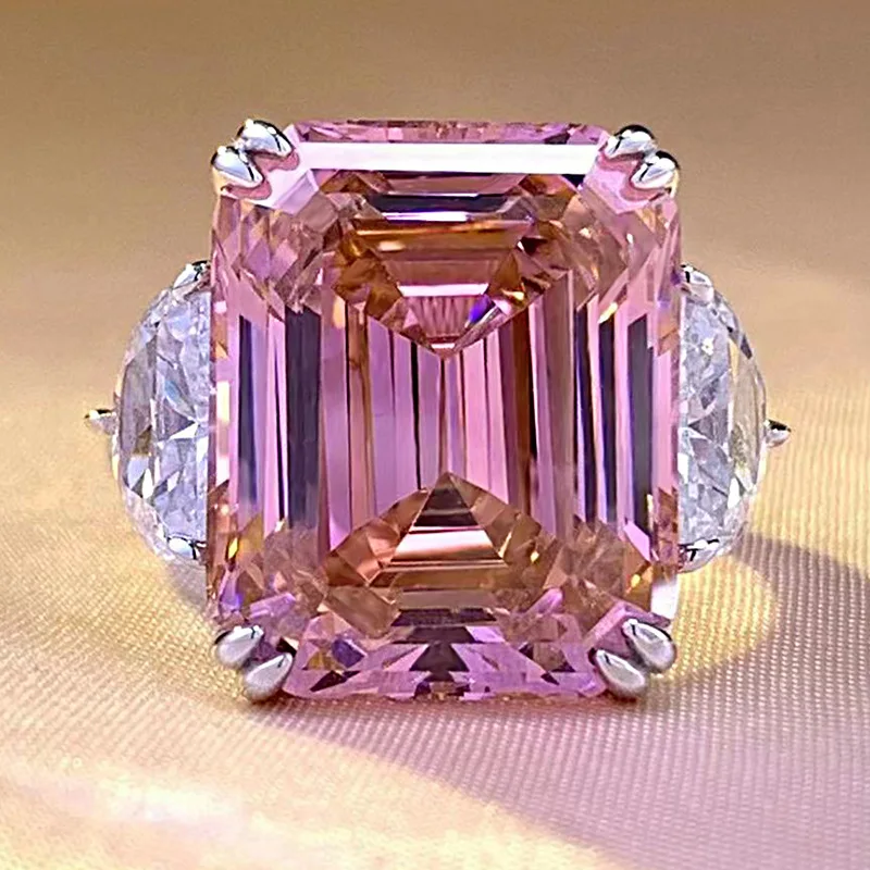 

Luxury 13*16mm 15ct Emerald Cut Pink Orange Tourmaline High Carbon Diamond Rings for Women S925 Silver Rings Party Fine Jewelry