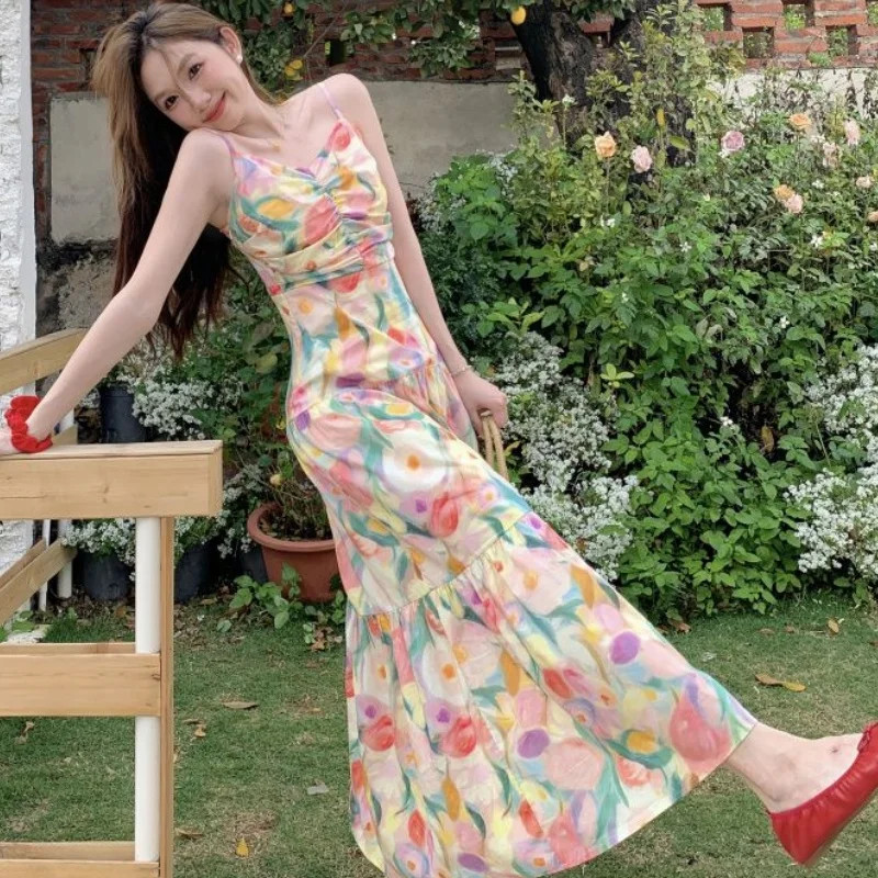 Damen Sommerkleid im französischen Stil, langes Kleid mit Blumenmuster, Trägerkleid für Teezeit, Reise, Strand und Urlaub