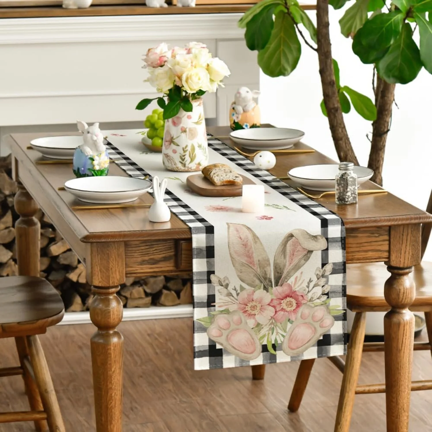 

Цельная дорожка для стола с ушками и лапами пасхального кролика | Сезонный весенний декор кухонного стола с плоской печатью