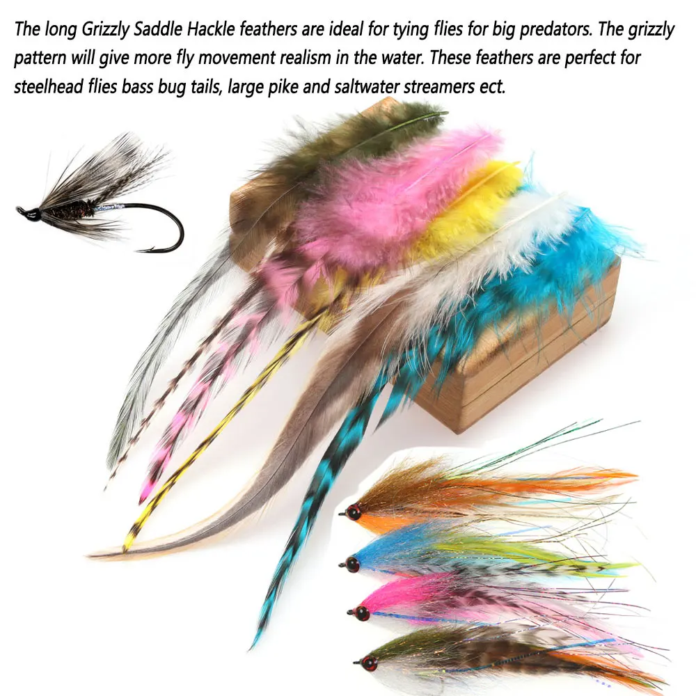 Bimoo 2/3Packs Grizzly Saddle Hackle Feather Rooster Hair Fly Tiing Material For Bass Bug Pike Steelhead Flies Streamer