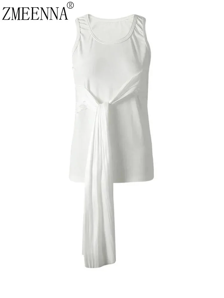

ZMEENNA Women's White Sleeveless Tank Top With Front Tie Knot Detail Scoop Neck Solid Color Casual Loose Fit Summer Vest ZM3228