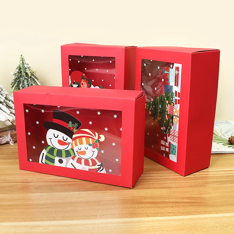 

1pc Christmas Theme Clear Gift Box Red Paper Craft Santa Xmas Tree Snowman Transparent Souvenir Box New Year Supplies Home Decor