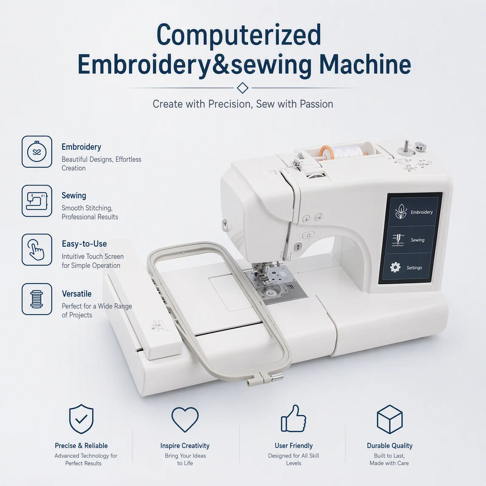 Computerized Embroidery&sewing Machine Fully Automatic Small Embroidery Machine, Computerized Embroidery Machine Embroidery Machine, Automatic Embroidery Machine with 7 Inch Screen Double Needle Double Thread Reverse Sewing