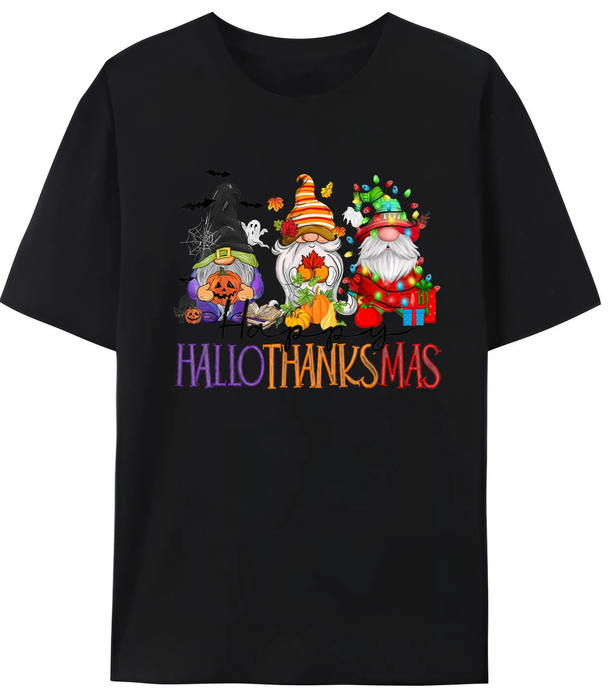 

Halloween Thanksgiving Christmas Happy Hallothanksmas Gnomes Graphic Tees Men's Breathable Printed Clothes