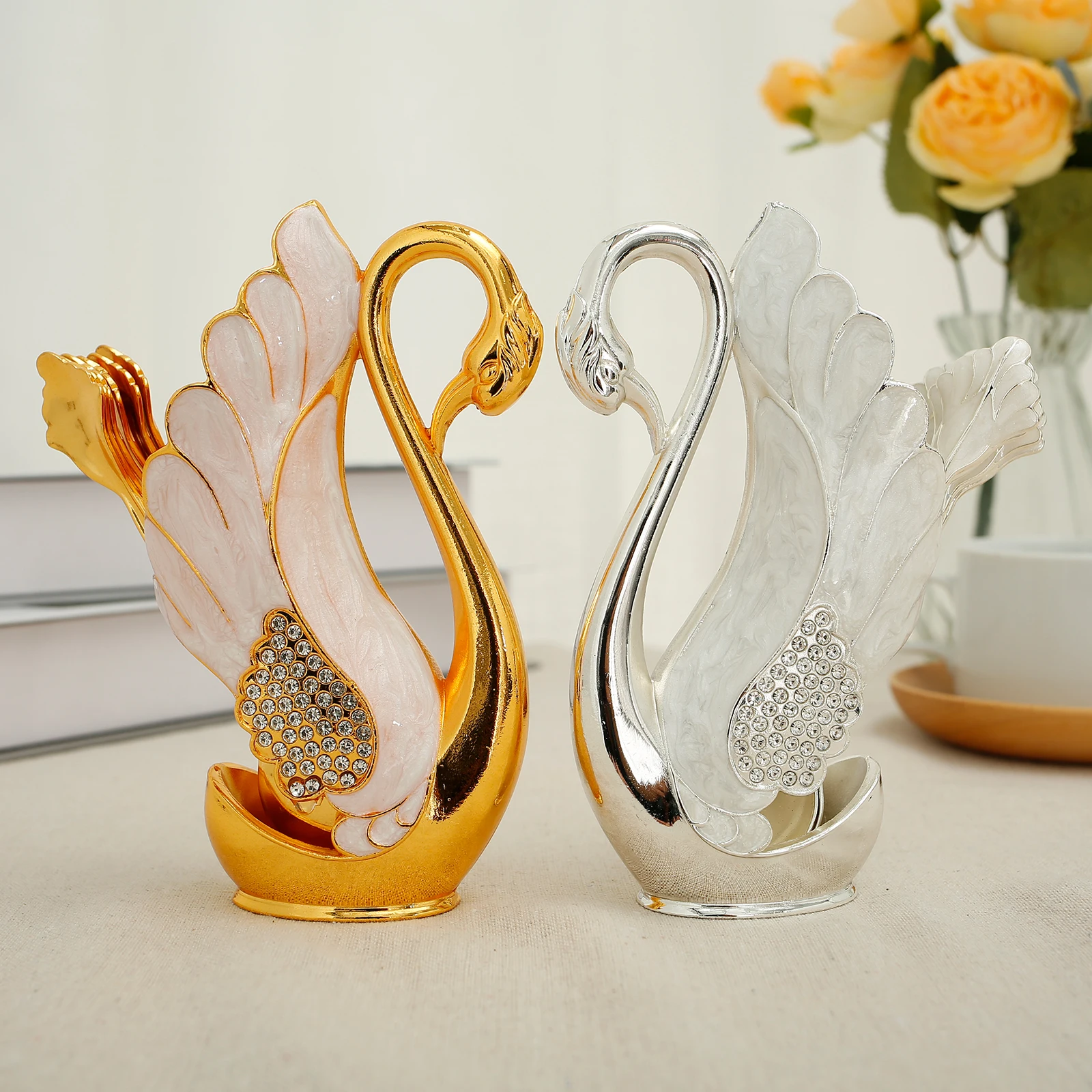 

6Pcs Coffee Spoon Set with 1 Swan Shape Base Holder Zinc Alloy Swan Base Spoon Organizer Elegant Fruit/Dessert Swan Flatware