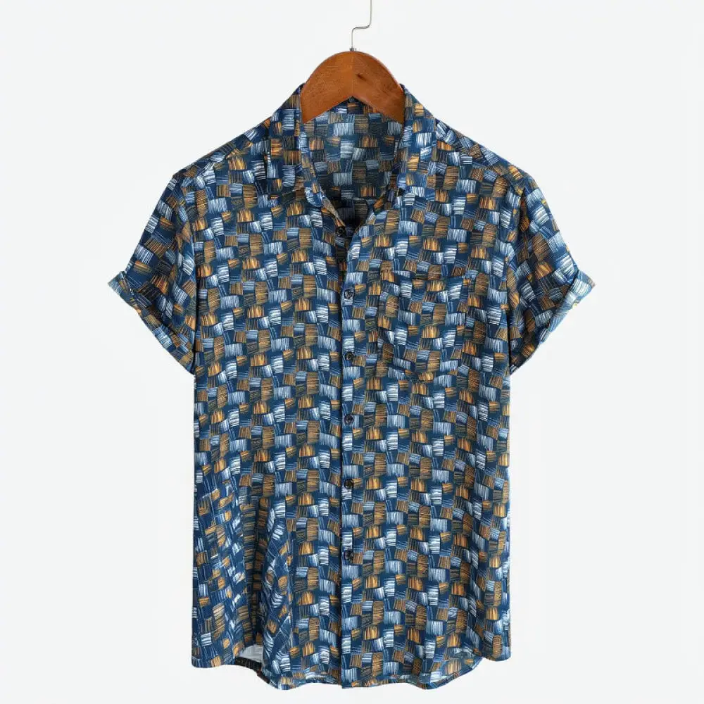 Casual Mens Summer Shirt Turn Down Collar Short Sleeve Button Up Top 3D Digital Print Loose Fitting Street Style Tees