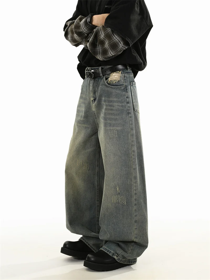 

Мужские джинсы в стиле ретро, свободные, прямые, широкие, длинные брюки, осенне-зимние, модные, повседневные, с высокой талией