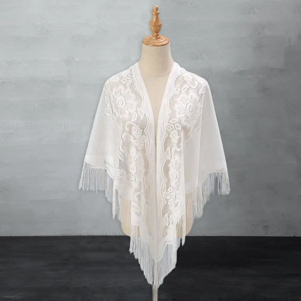 2025  Women Party Shawl Flower Embroidery Hollow Out Tassel See-through Solid Color Clothes Matching Cardigan Prom Scarf Lady