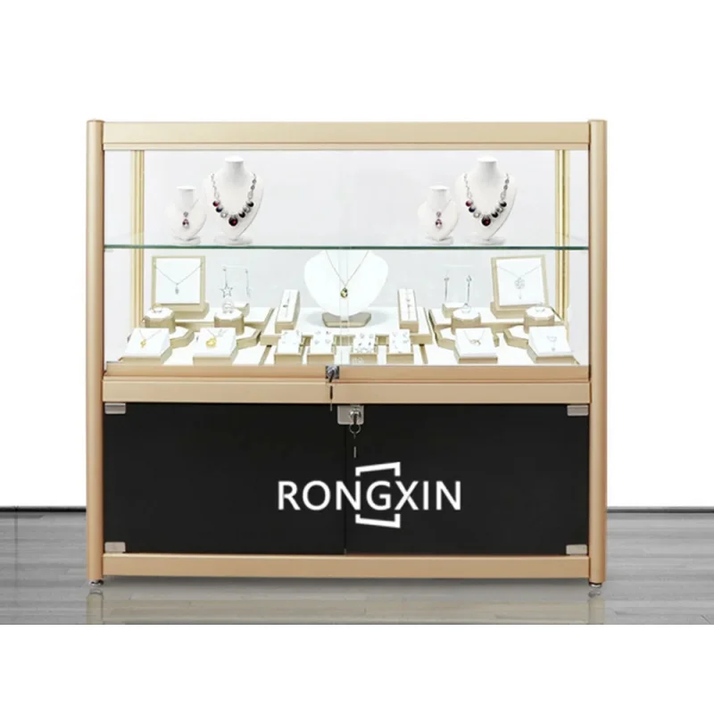 custom.Tempered Glass Jewelry Display Counter Aluminum Frame Jewelry Display Cabinet Lock Drawer Stainless Steel Display R