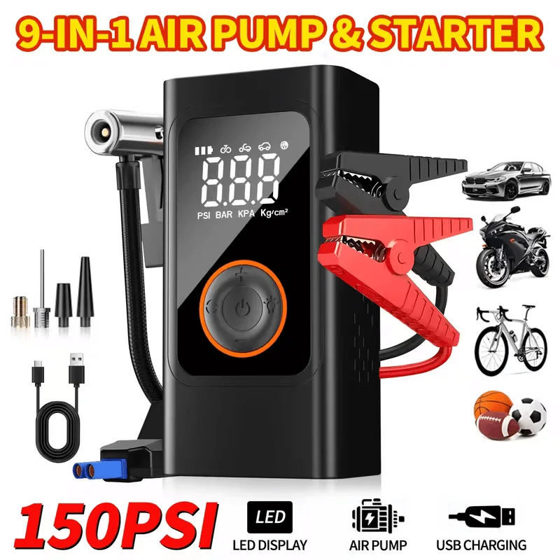 9-in-1 Car Battery Jump Starter with Air Compressor, 8000A 12V Car Battery Booster for Dead Battery, 9000mAh Portable Jump Box for 5.0L Gas/3.0L Diesel, 150 PSI Auto Shut-Off Tire Inflator, Jumper Cables, LED Light, USB Output, SOS Strobe Light