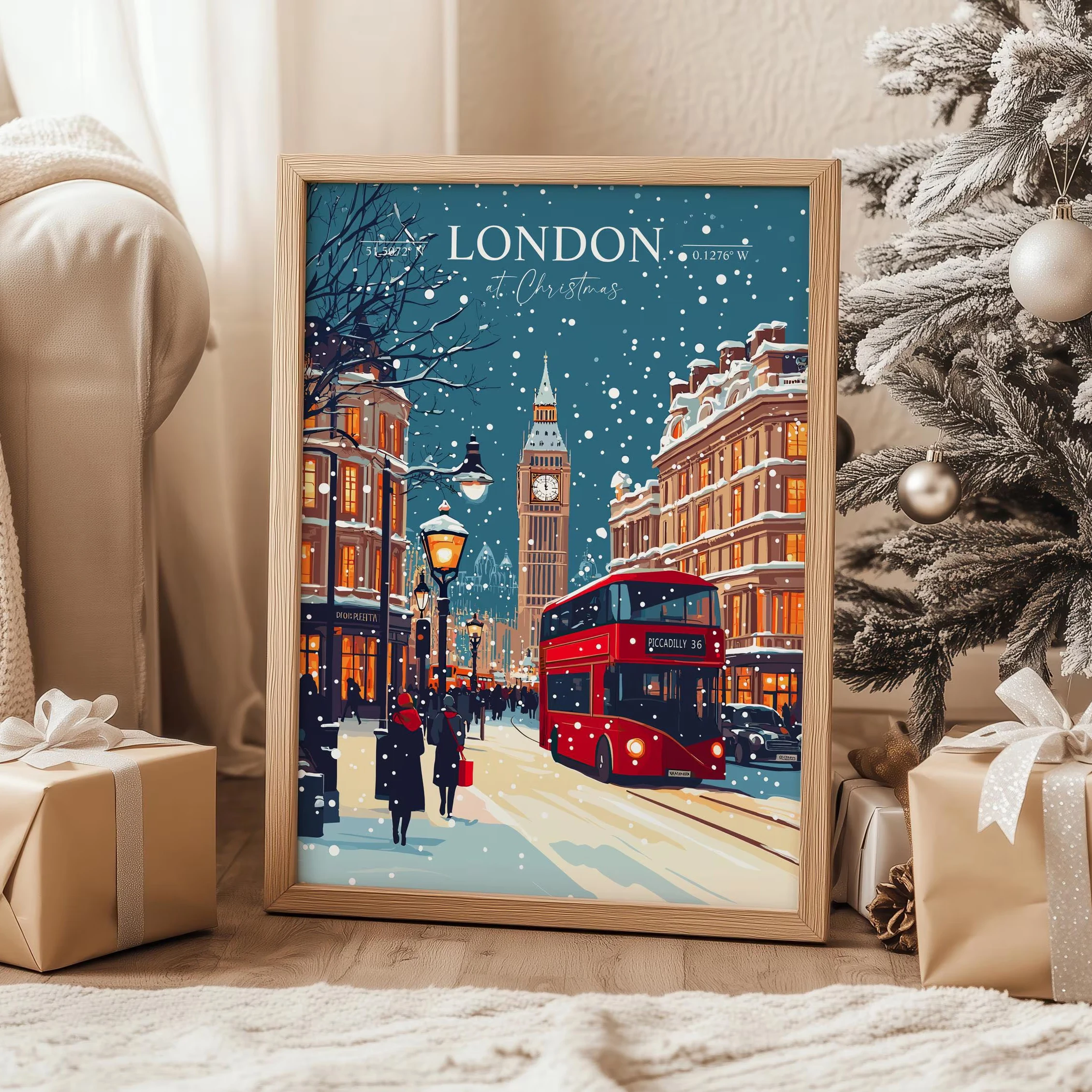 

London Christmas Skyline Travel Poster, London Skyline Travel Prints, London Street Art, Gifts for London Art Lovers, Home Decor