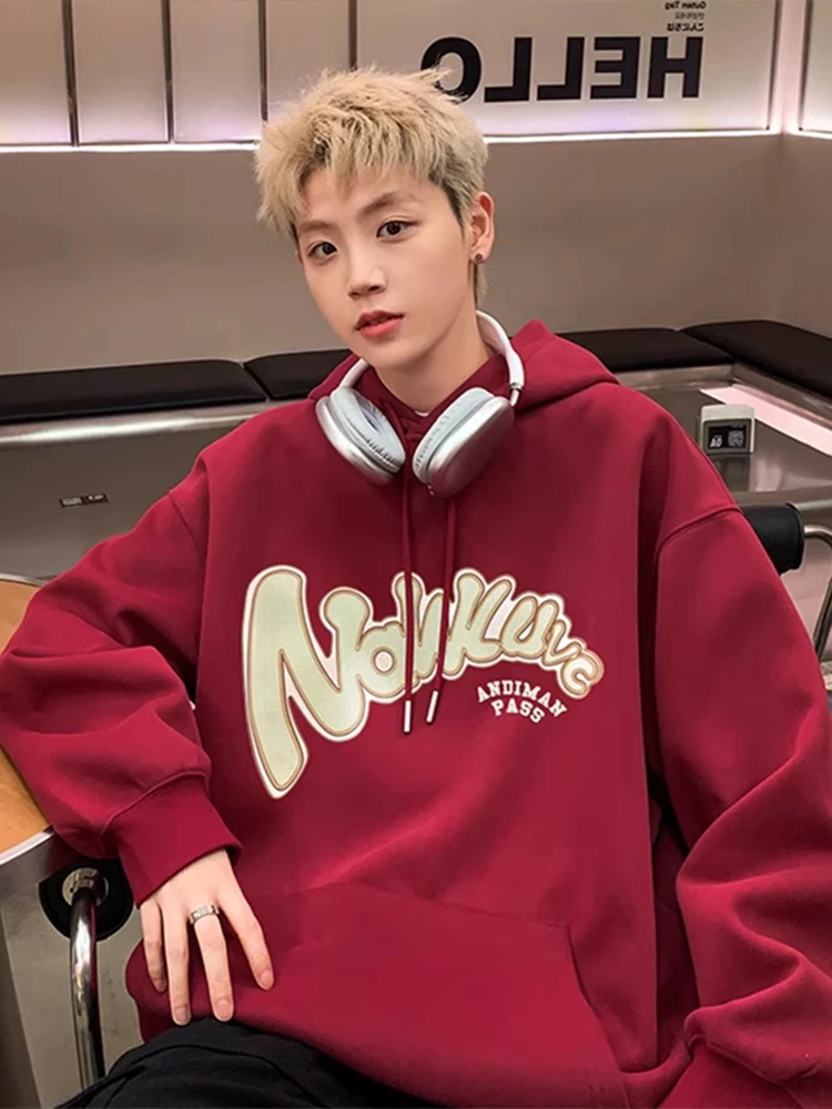 

Мужская толстовка American Sle винтажного винно-красного цвета, свободного кроя, оверсайз, с плотной текстурой, осенняя, повседневная