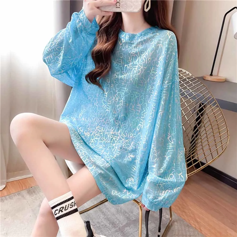 Summer Spring bright letters Mesh Long Sleeve T Shirt Women Casual T Shirt Sunscreen T Shirt Female Loose Sexy Korean Style