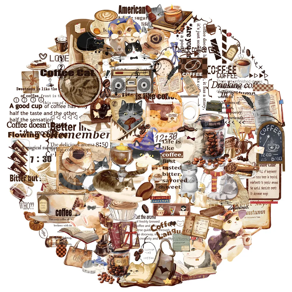 6PCS Creative Coffee Cat Language Cute Transparent PET Material Stickers Decorative Phone Cases Notebook Water Cup Stickers