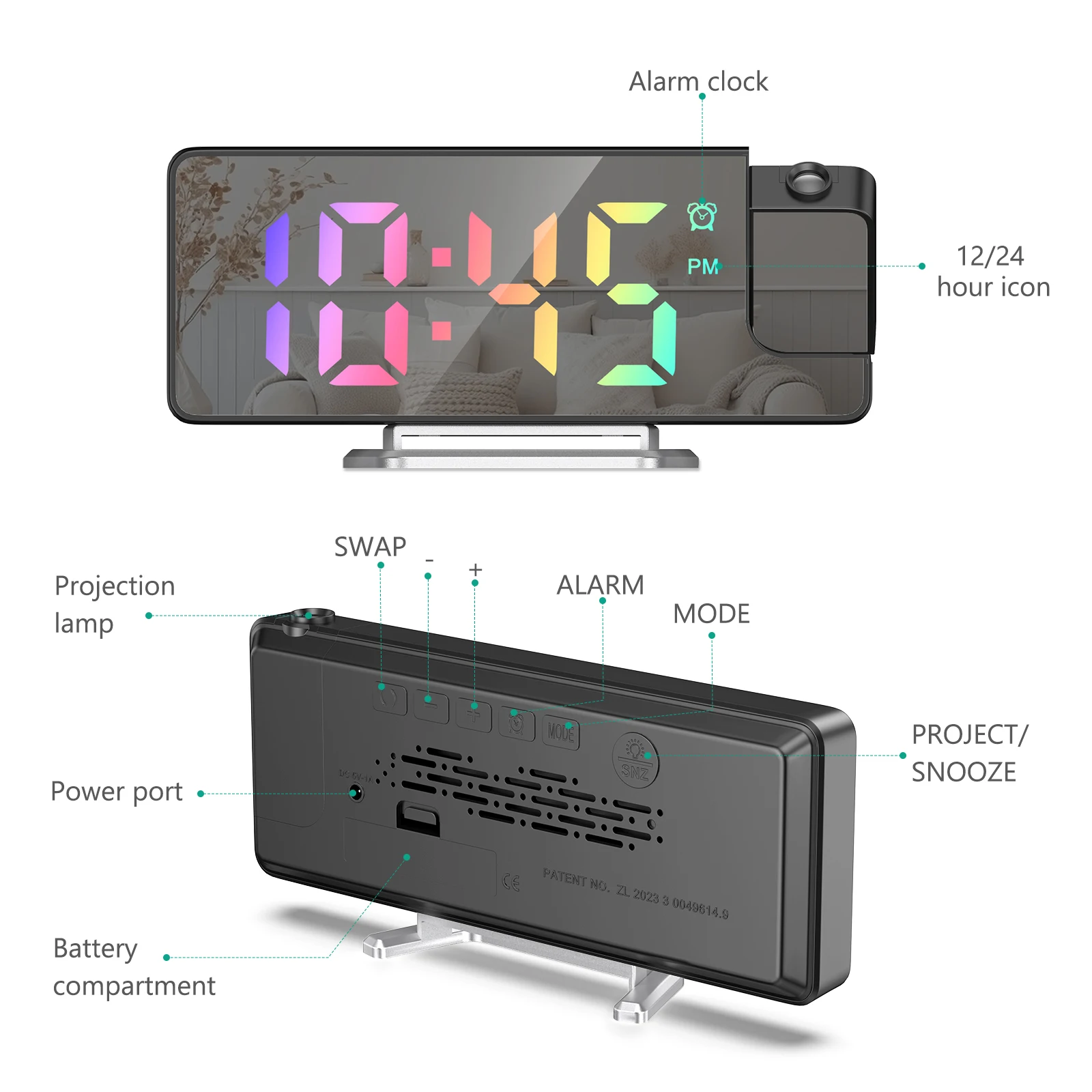 ORIA Projection Alarm Clock LED Mirror Alarm Clock 7.9\