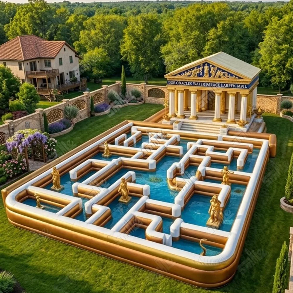 Inflatable Water Maze Pool with Slide Combo Heavy Duty Blow Up Obstacle Course Floating Playground for Aqua Park