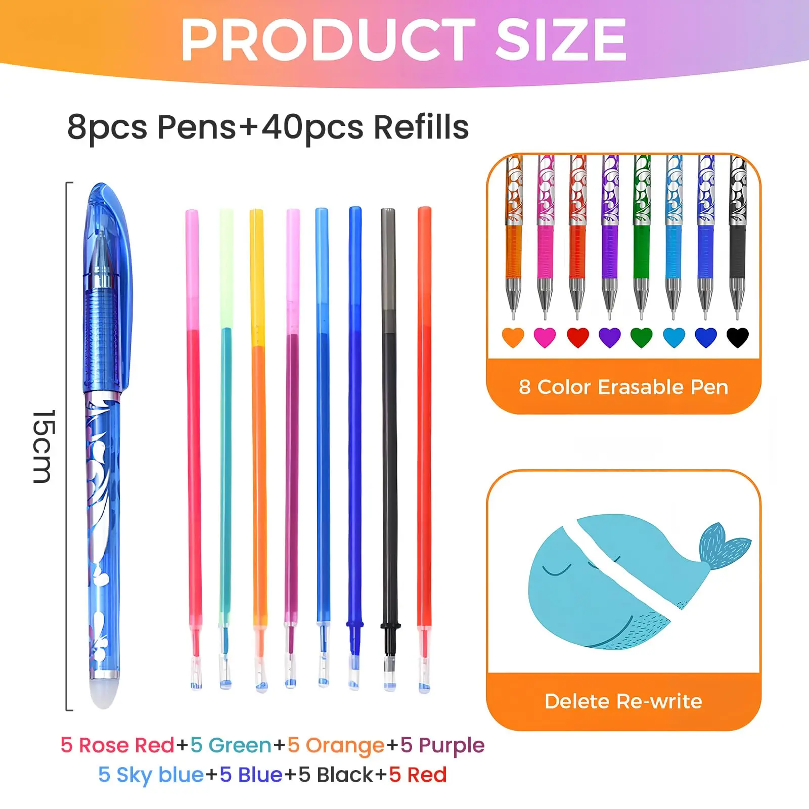 أقلام فرك 8 ألوان، أقلام قابلة للمسح مع 40 عبوة، قلم جل قابل للمسح رفيع 0.5 مم مع غطاء قلم للمجلات والملاحظات والرسم
