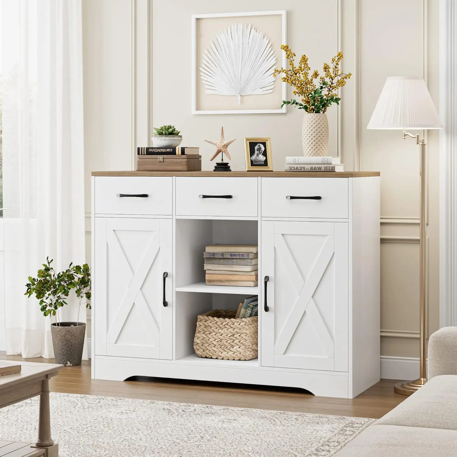 Modern Farmhouse Buffet Cabinet with Storage, Barn Doors Sideboard Buffet Storage Cabinet with Drawers and Shelves